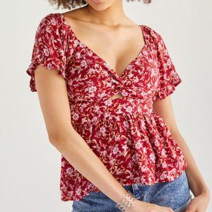 Francesca's Red Floral Keyhole Peplum Blouse